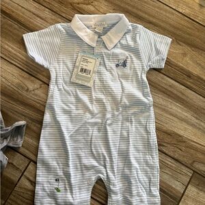Kissy Kissy Light Blue & White Striped Polo Romper with Golf Cart Embroidery